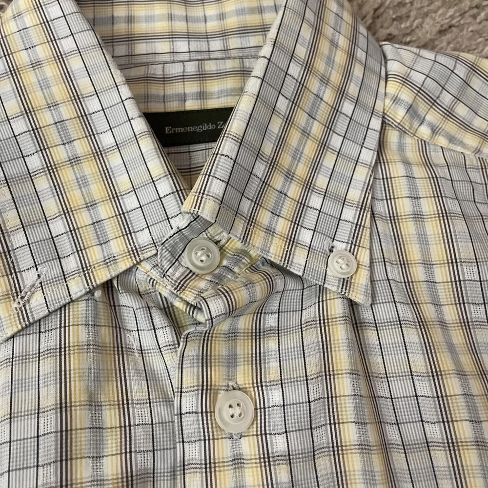 Ermenegildo Zegna Mens‎ M Plaid Shirt Yellow Gray Cotton Long Sleeve Button Up